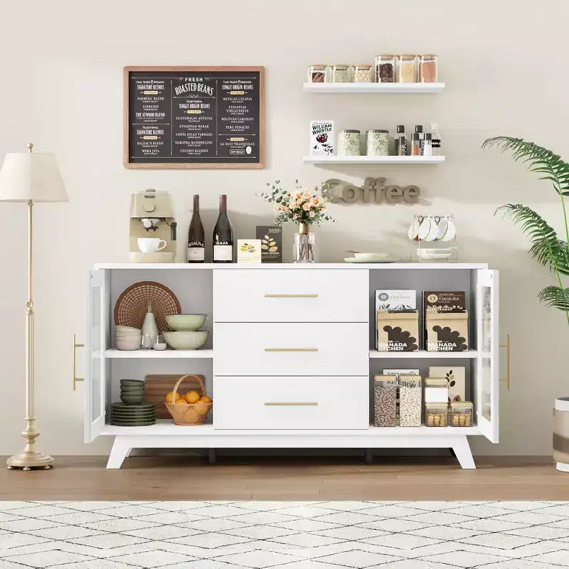 Buffet CuisinSmart 56'' avec portes en verre cannelé et poignées dorées, meuble de bar à café avec étagères réglables, pour salle à manger et salon