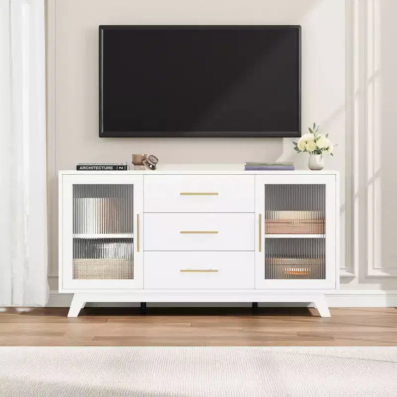 Buffet CuisinSmart 56'' avec portes en verre cannelé et poignées dorées, meuble de bar à café avec étagères réglables, pour salle à manger et salon