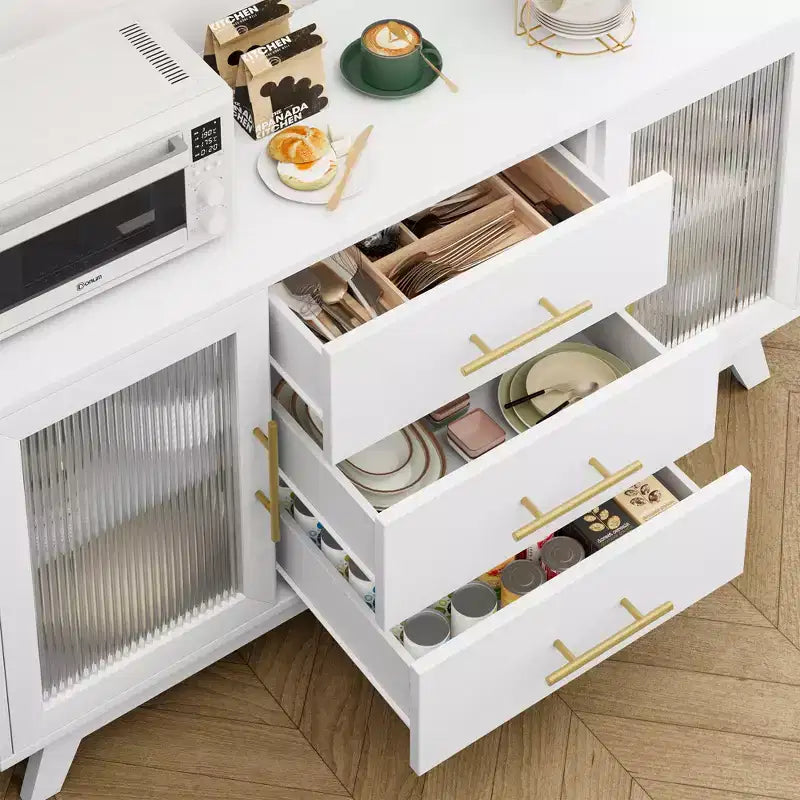 Buffet CuisinSmart 56'' avec portes en verre cannelé et poignées dorées, meuble de bar à café avec étagères réglables, pour salle à manger et salon
