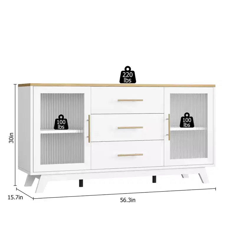 Buffet CuisinSmart 56'' avec portes en verre cannelé et poignées dorées, meuble de bar à café avec étagères réglables, pour salle à manger et salon