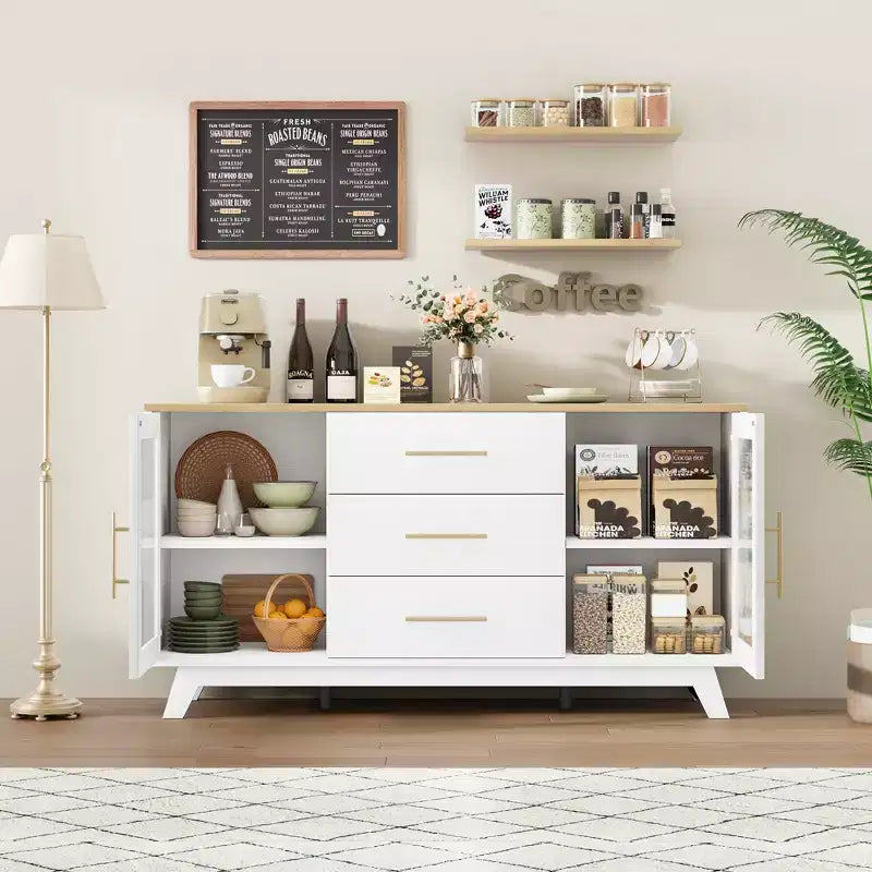 Buffet CuisinSmart 56'' avec portes en verre cannelé et poignées dorées, meuble de bar à café avec étagères réglables, pour salle à manger et salon
