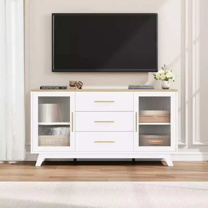 Buffet CuisinSmart 56'' avec portes en verre cannelé et poignées dorées, meuble de bar à café avec étagères réglables, pour salle à manger et salon