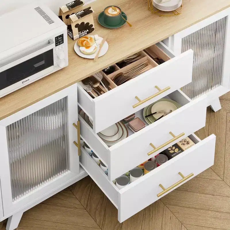 Buffet CuisinSmart 56'' avec portes en verre cannelé et poignées dorées, meuble de bar à café avec étagères réglables, pour salle à manger et salon