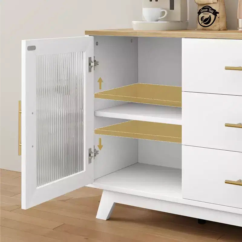 Buffet CuisinSmart 56'' avec portes en verre cannelé et poignées dorées, meuble de bar à café avec étagères réglables, pour salle à manger et salon