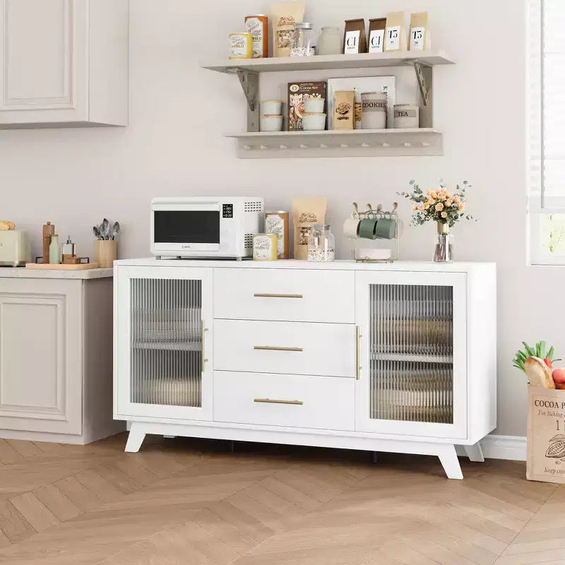 Buffet CuisinSmart 56'' avec portes en verre cannelé et poignées dorées, meuble de bar à café avec étagères réglables, pour salle à manger et salon