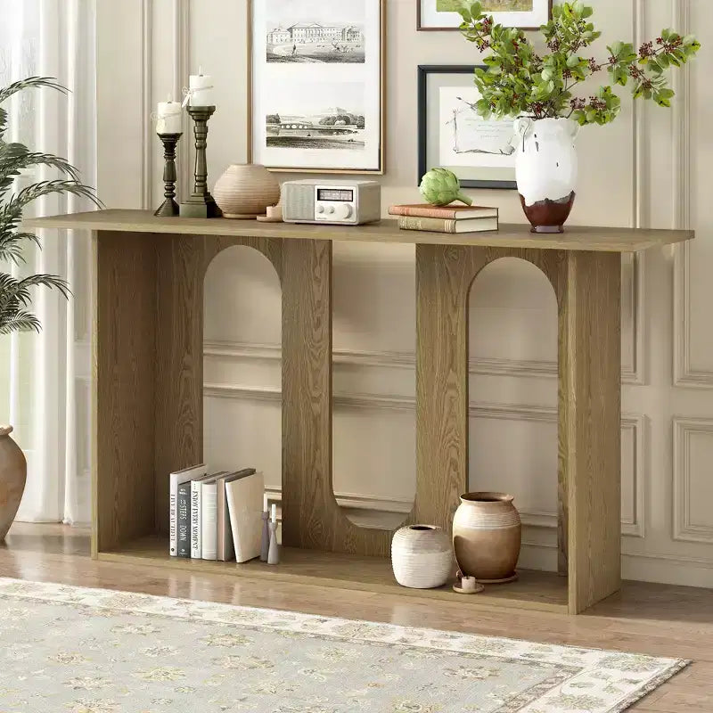Okak 60IN Table Console Courbée Moderne avec Placage de Frêne, Table d'Entrée avec Étagère Inférieure, Table de Couloir pour Salon, Foyer