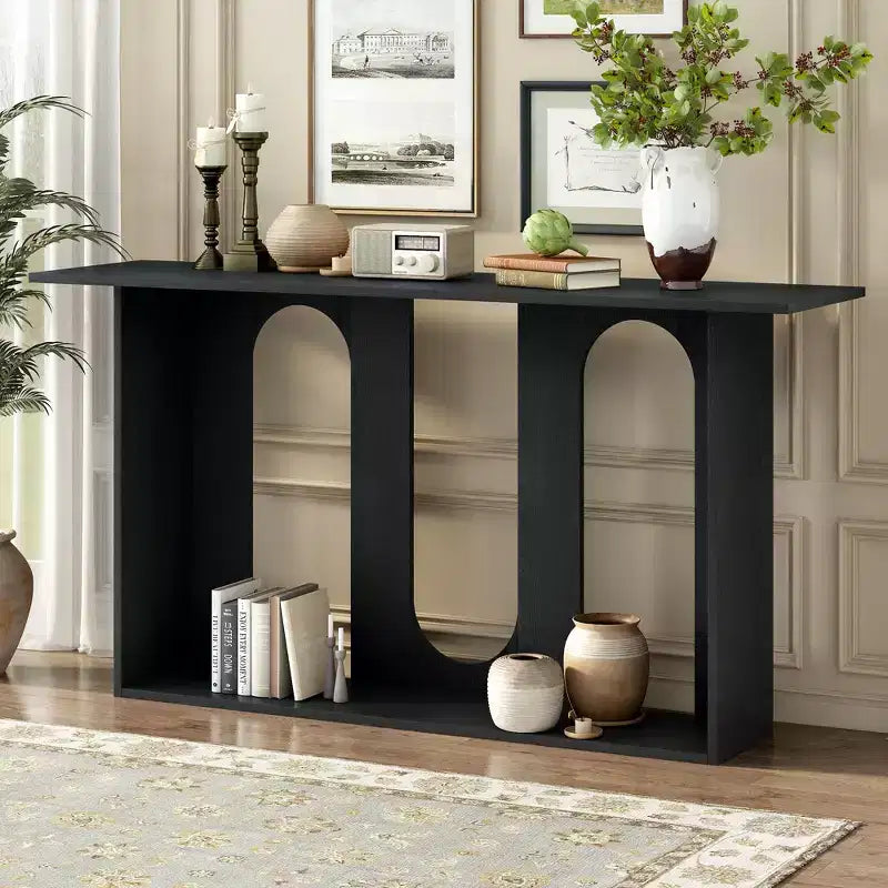 Okak 60IN Table Console Courbée Moderne avec Placage de Frêne, Table d'Entrée avec Étagère Inférieure, Table de Couloir pour Salon, Foyer
