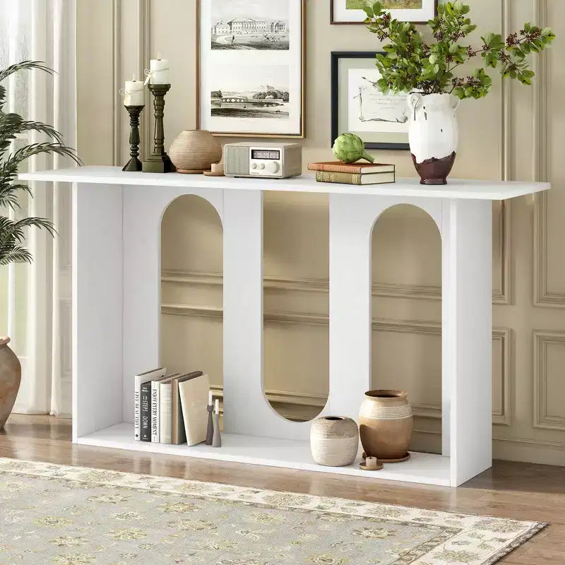 Okak 60IN Table Console Courbée Moderne avec Placage de Frêne, Table d'Entrée avec Étagère Inférieure, Table de Couloir pour Salon, Foyer