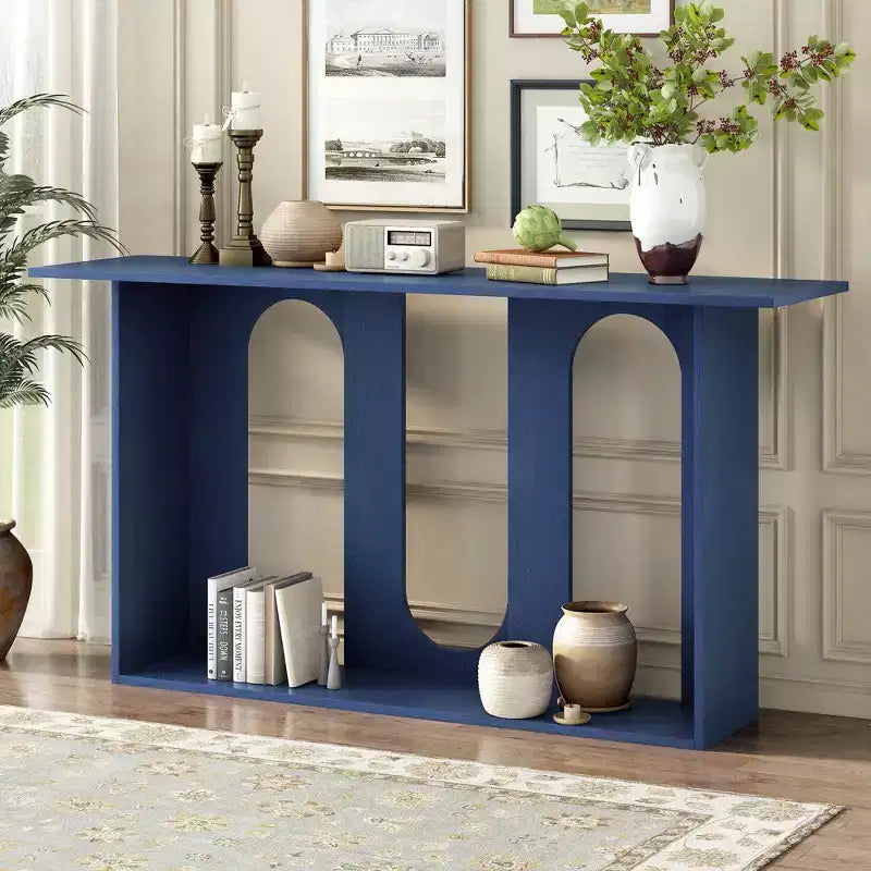 Okak 60IN Table Console Courbée Moderne avec Placage de Frêne, Table d'Entrée avec Étagère Inférieure, Table de Couloir pour Salon, Foyer