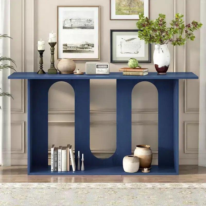 Okak 60IN Table Console Courbée Moderne avec Placage de Frêne, Table d'Entrée avec Étagère Inférieure, Table de Couloir pour Salon, Foyer