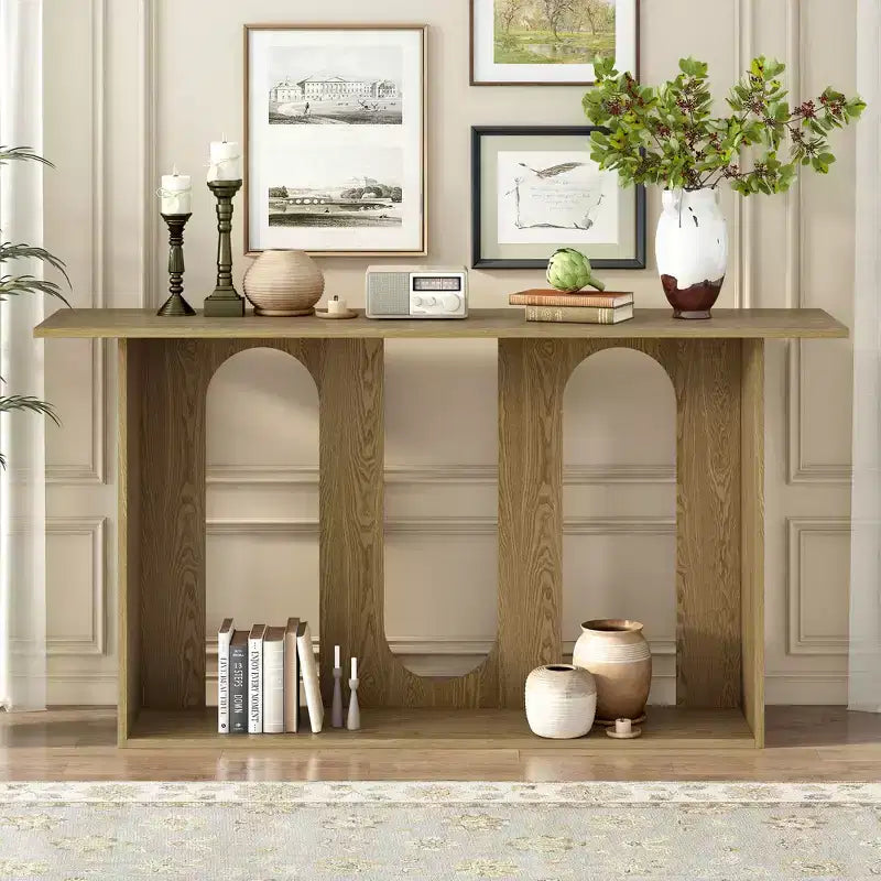 Okak 60IN Table Console Courbée Moderne avec Placage de Frêne, Table d'Entrée avec Étagère Inférieure, Table de Couloir pour Salon, Foyer