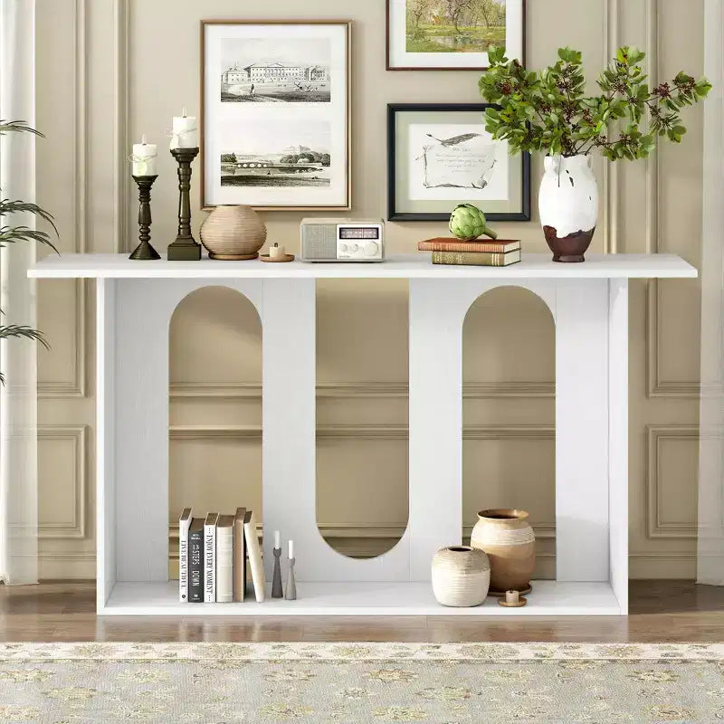 Okak 60IN Table Console Courbée Moderne avec Placage de Frêne, Table d'Entrée avec Étagère Inférieure, Table de Couloir pour Salon, Foyer
