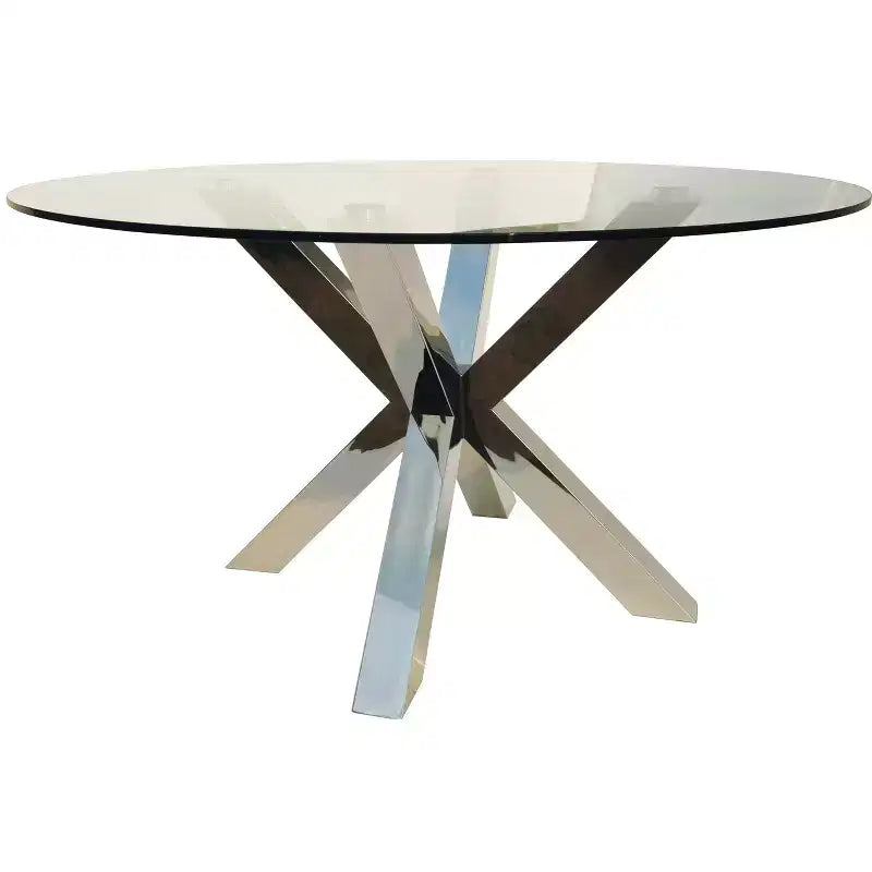 HomeRoots 54 Clear and Silver Glass and Metal Cross Leg Base Round Top Dining Table