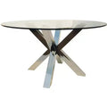 HomeRoots 54 Clear and Silver Glass and Metal Cross Leg Base Round Top Dining Table