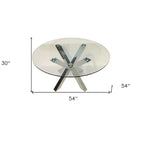 HomeRoots Table de salle à manger ronde à plateau en verre clair et argenté avec piétement en métal croisé, 54 po