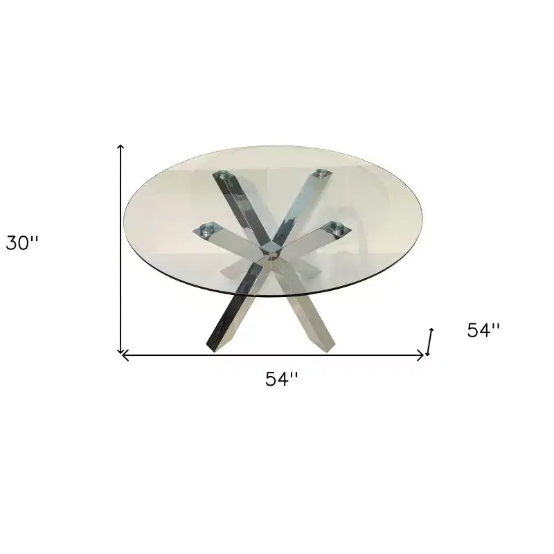 HomeRoots Table de salle à manger ronde à plateau en verre clair et argenté avec piétement en métal croisé, 54 po