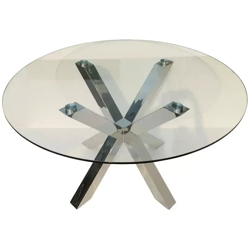 HomeRoots Table de salle à manger ronde à plateau en verre clair et argenté avec piétement en métal croisé, 54 po