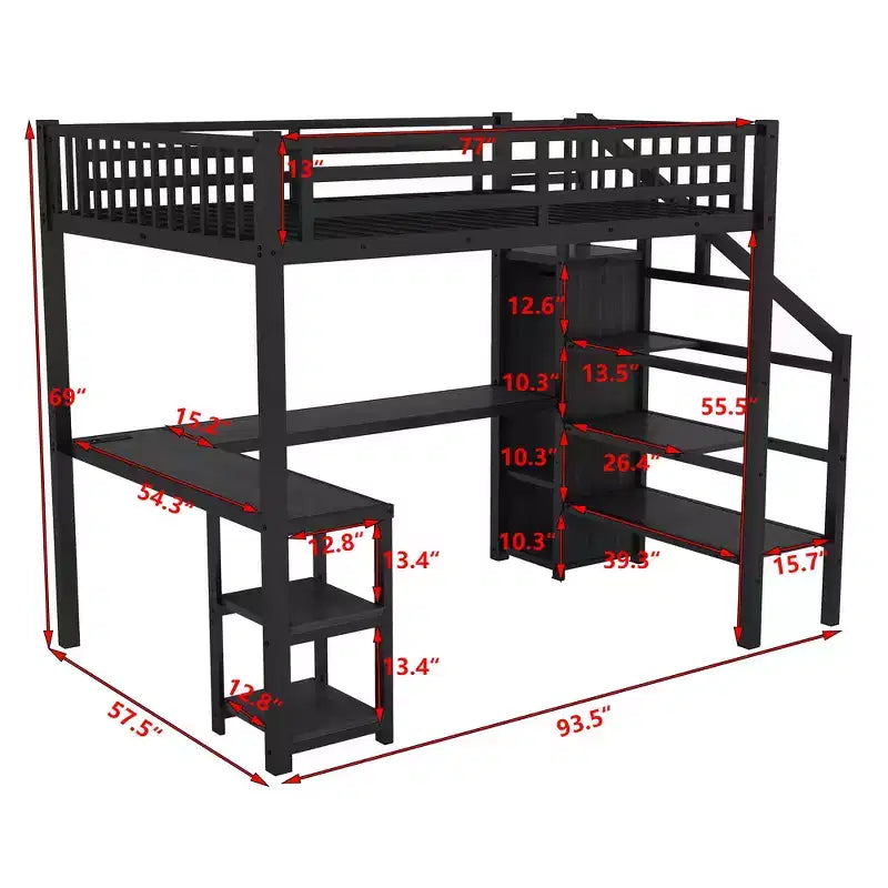 Lit mezzanine Whisen Metal complet avec armoire, éclairage LED, bureau en L et USB, matériaux de qualité supérieure pour la stabilité