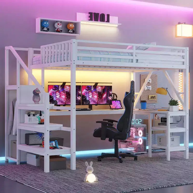 Lit mezzanine Whisen Metal complet avec armoire, éclairage LED, bureau en L et USB, matériaux de qualité supérieure pour la stabilité