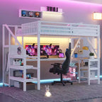 Lit mezzanine Whisen Metal complet avec armoire, éclairage LED, bureau en L et USB, matériaux de qualité supérieure pour la stabilité
