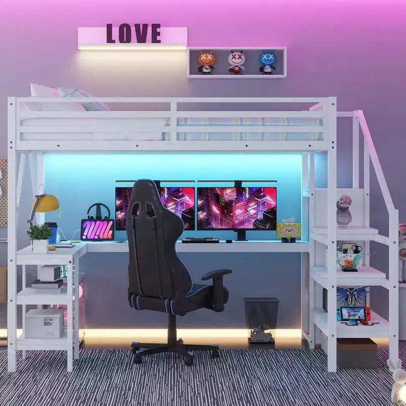 Lit mezzanine Whisen Metal complet avec armoire, éclairage LED, bureau en L et USB, matériaux de qualité supérieure pour la stabilité