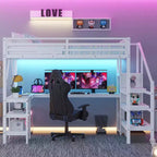 Lit mezzanine Whisen Metal complet avec armoire, éclairage LED, bureau en L et USB, matériaux de qualité supérieure pour la stabilité
