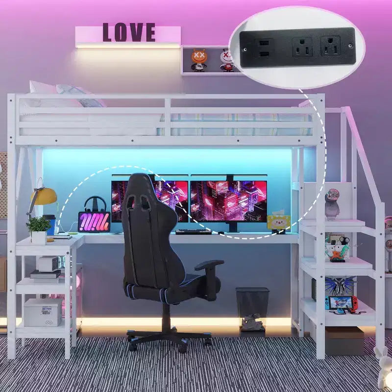 Lit mezzanine Whisen Metal complet avec armoire, éclairage LED, bureau en L et USB, matériaux de qualité supérieure pour la stabilité