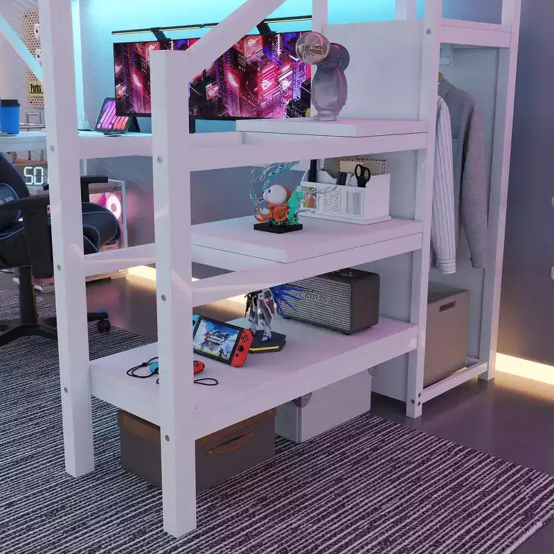 Lit mezzanine Whisen Metal complet avec armoire, éclairage LED, bureau en L et USB, matériaux de qualité supérieure pour la stabilité