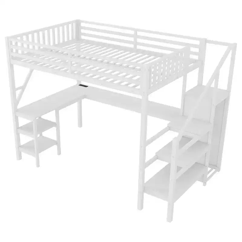 Lit mezzanine Whisen Metal complet avec armoire, éclairage LED, bureau en L et USB, matériaux de qualité supérieure pour la stabilité