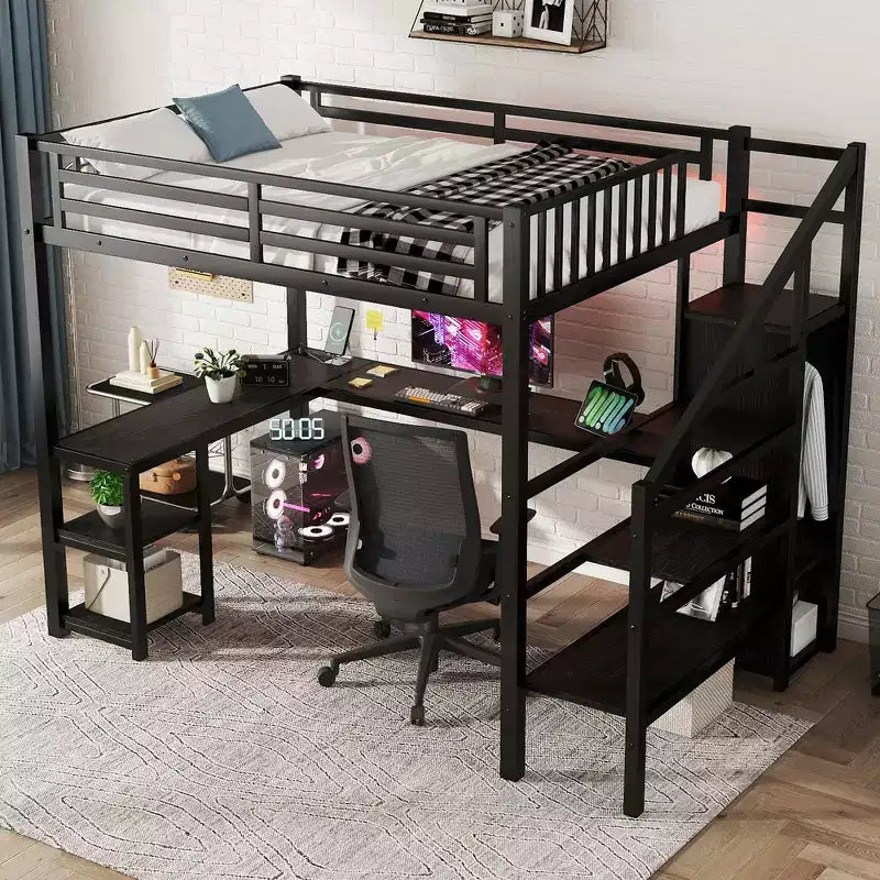 Lit mezzanine Whisen Metal complet avec armoire, éclairage LED, bureau en L et USB, matériaux de qualité supérieure pour la stabilité