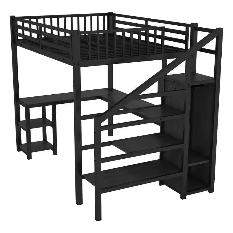 Lit mezzanine Whisen Metal complet avec armoire, éclairage LED, bureau en L et USB, matériaux de qualité supérieure pour la stabilité