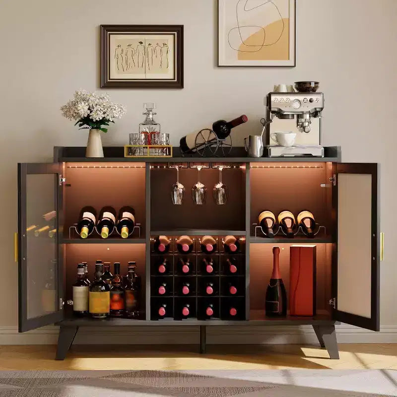 Home Bar Cabinet with LED Lights, Freestanding Liquor Cabinet with Storage Shelves for Living Room and Dining Room