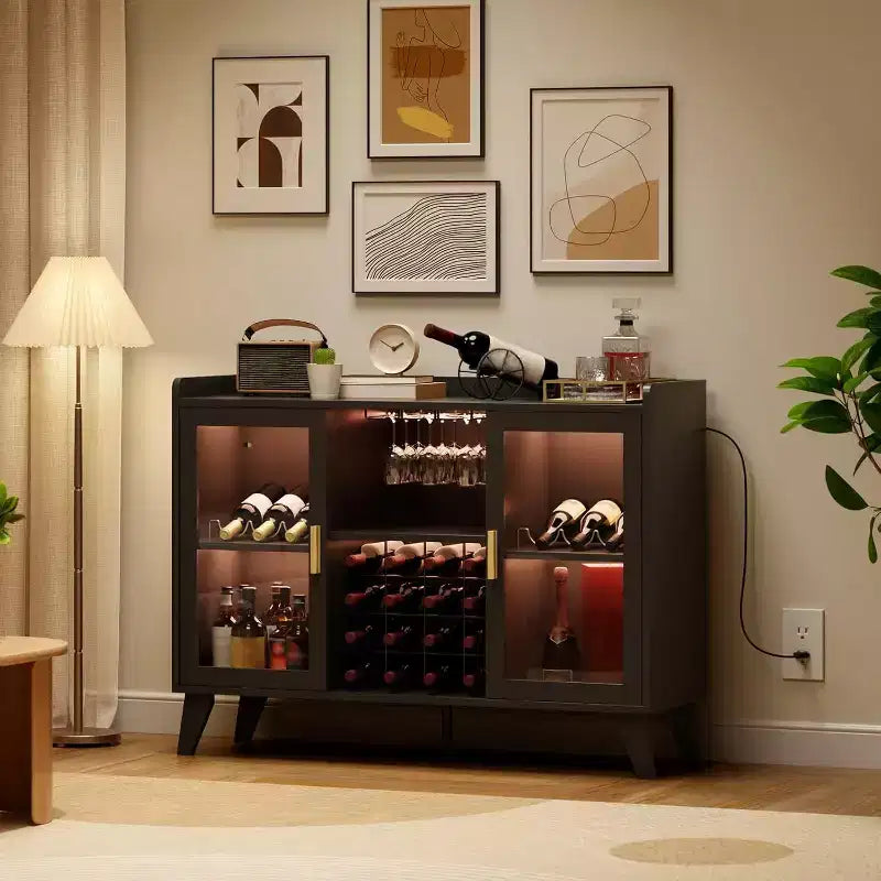 Meuble bar avec lumières LED, meuble à liqueurs autoportant avec étagères de rangement pour le salon et la salle à manger