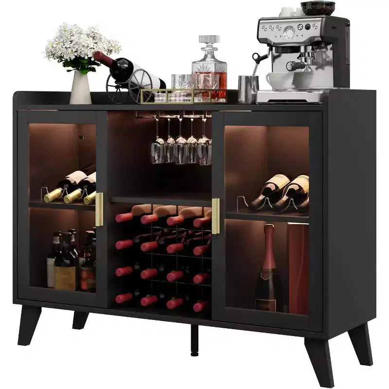 Meuble bar avec lumières LED, meuble à liqueurs autoportant avec étagères de rangement pour le salon et la salle à manger