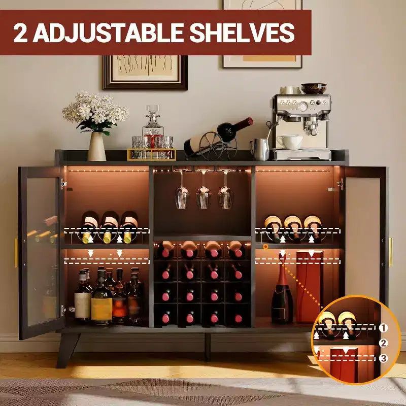 Meuble bar avec lumières LED, meuble à liqueurs autoportant avec étagères de rangement pour le salon et la salle à manger