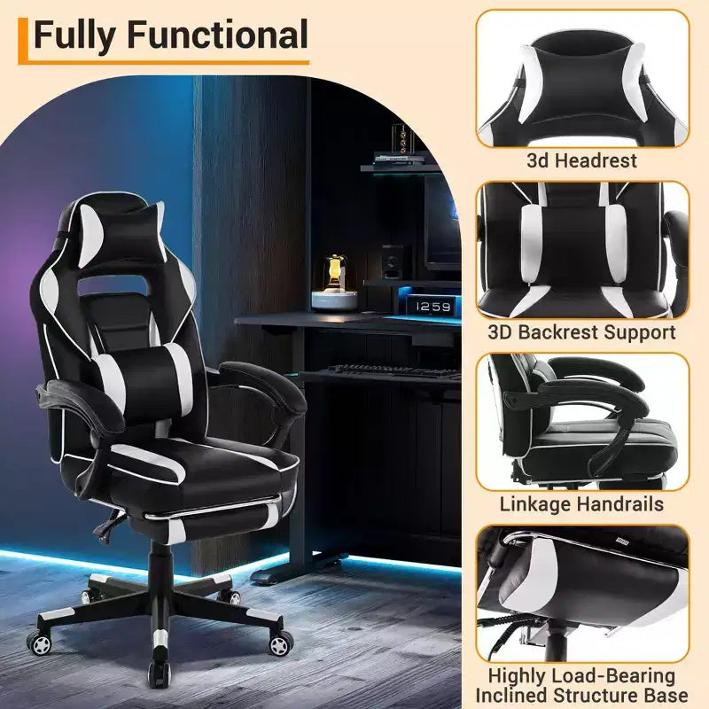 Chaise de bureau rose fleur de cerisier avec repose-pieds, chaise d'ordinateur ergonomique avec support lombaire et appui-tête, base pivotante à 360° et chaises de direction réglables en hauteur