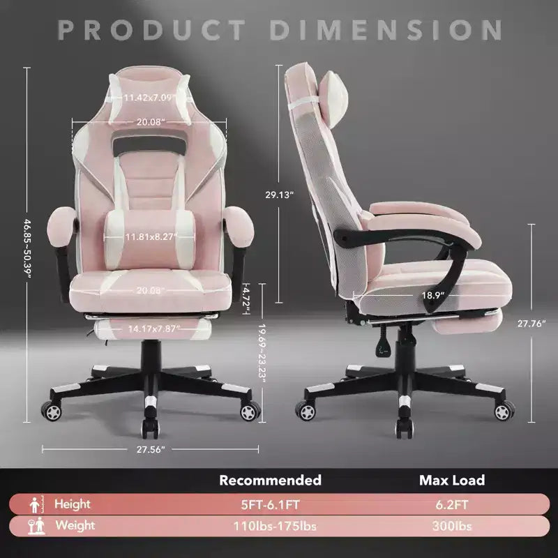 Chaise de bureau rose fleur de cerisier avec repose-pieds, chaise d'ordinateur ergonomique avec support lombaire et appui-tête, base pivotante à 360° et chaises de direction réglables en hauteur