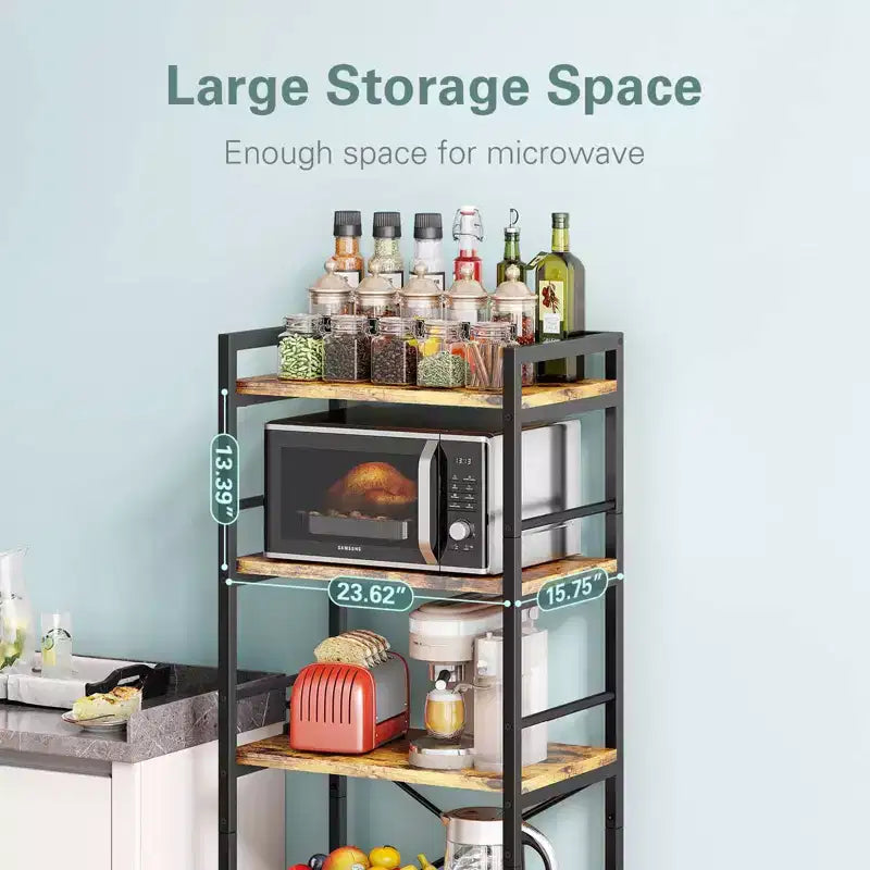 Étagère de cuisine à 5 niveaux Denkee, support de micro-ondes industriel, bar à café pour petits espaces, étagère de cuisine autoportante avec rangement, noir/marron/gris