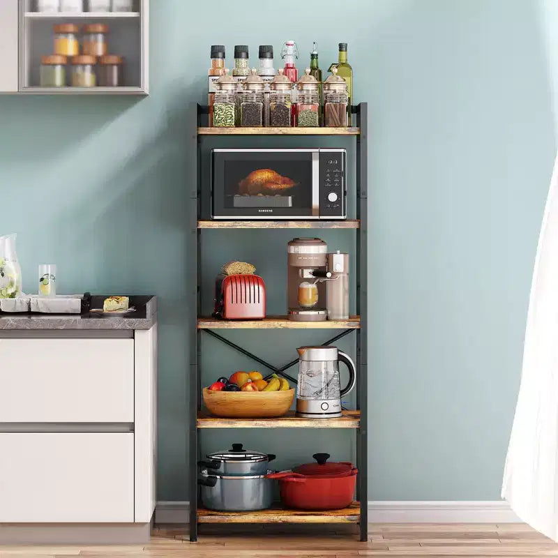 Étagère de cuisine à 5 niveaux Denkee, support de micro-ondes industriel, bar à café pour petits espaces, étagère de cuisine autoportante avec rangement, noir/marron/gris