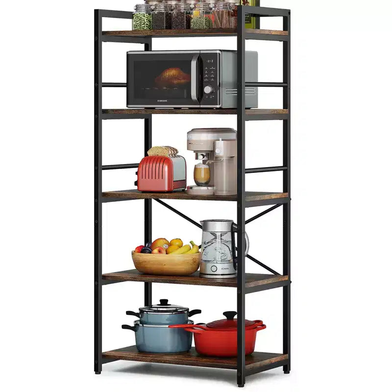 Étagère de cuisine à 5 niveaux Denkee, support de micro-ondes industriel, bar à café pour petits espaces, étagère de cuisine autoportante avec rangement, noir/marron/gris