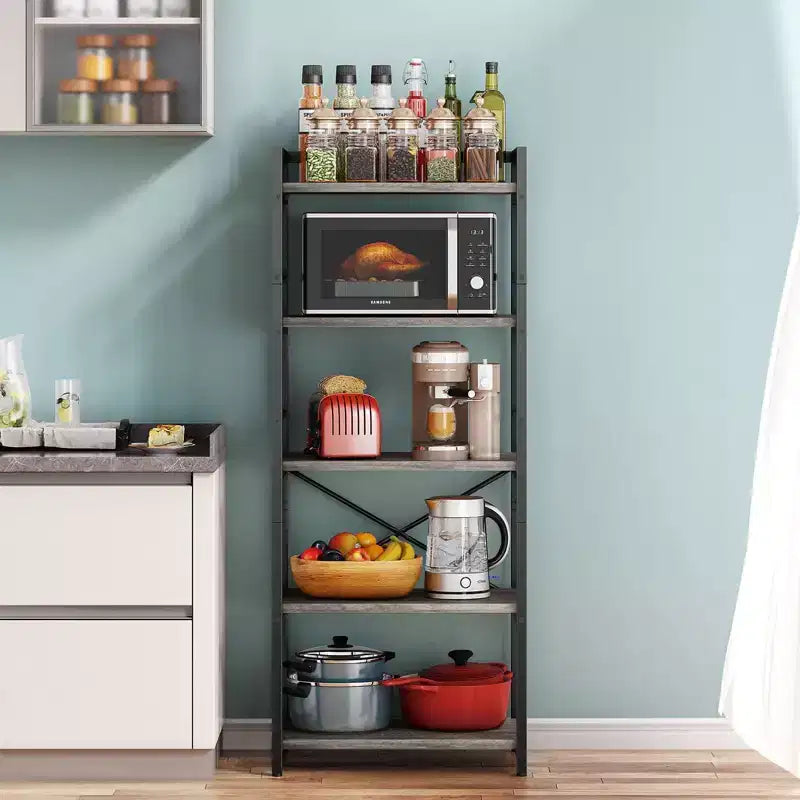 Étagère de cuisine à 5 niveaux Denkee, support de micro-ondes industriel, bar à café pour petits espaces, étagère de cuisine autoportante avec rangement, noir/marron/gris