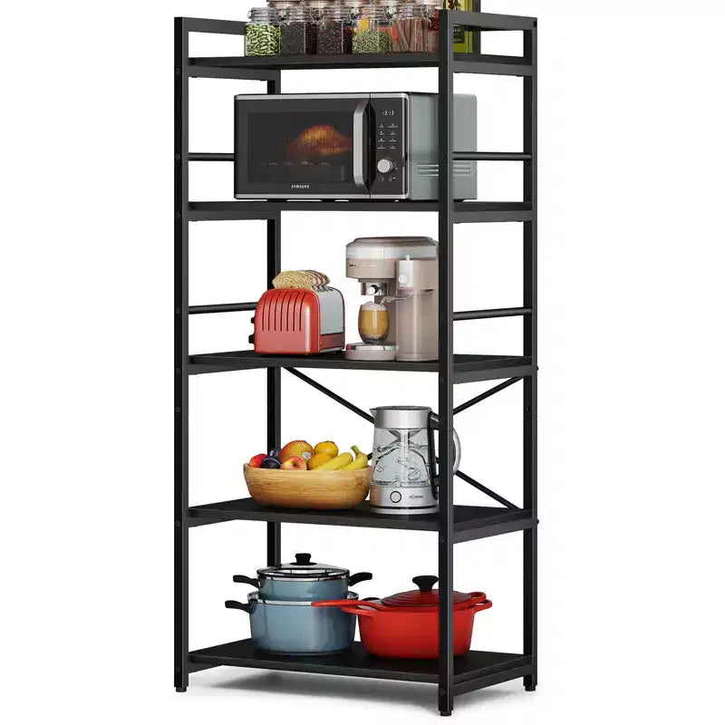 Étagère de cuisine à 5 niveaux Denkee, support de micro-ondes industriel, bar à café pour petits espaces, étagère de cuisine autoportante avec rangement, noir/marron/gris