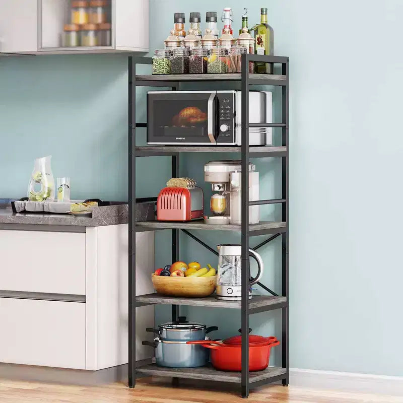 Étagère de cuisine à 5 niveaux Denkee, support de micro-ondes industriel, bar à café pour petits espaces, étagère de cuisine autoportante avec rangement, noir/marron/gris