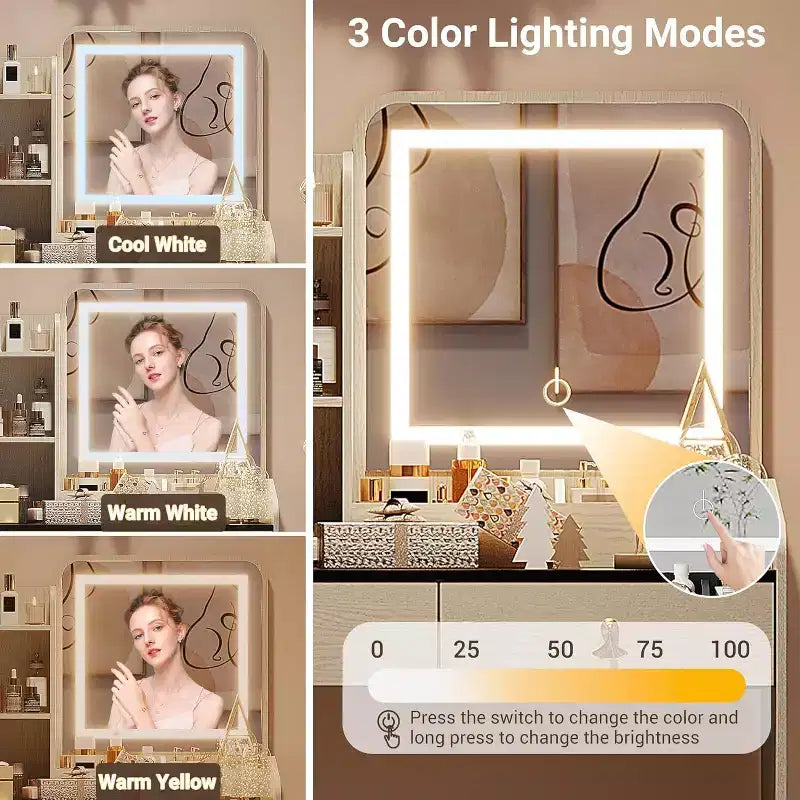 COZONY Coiffeuse avec Miroir LED et Station de Charge, Petite Coiffeuse de Maquillage avec 2 Tiroirs, Tabouret de Rangement