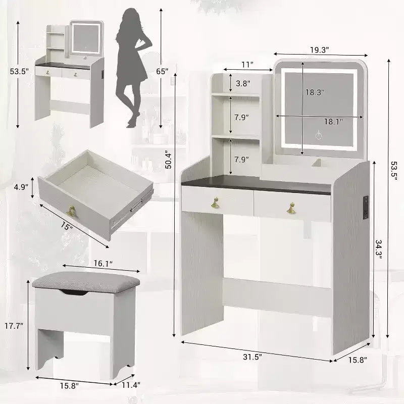 COZONY Coiffeuse avec Miroir LED et Station de Charge, Petite Coiffeuse de Maquillage avec 2 Tiroirs, Tabouret de Rangement
