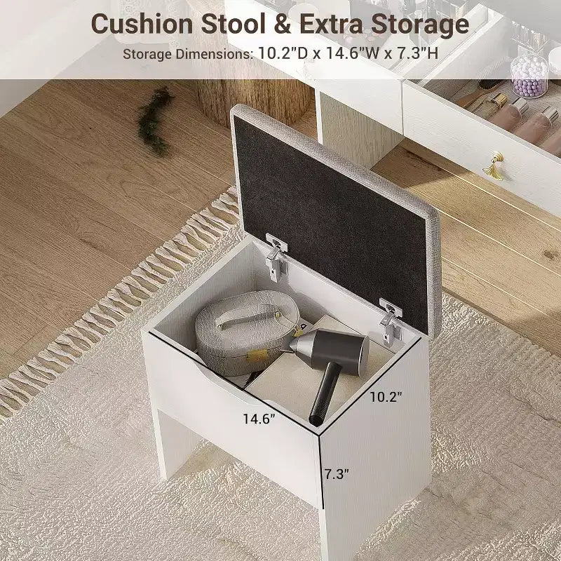COZONY Coiffeuse avec Miroir LED et Station de Charge, Petite Coiffeuse de Maquillage avec 2 Tiroirs, Tabouret de Rangement
