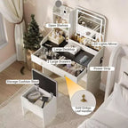 COZONY Coiffeuse avec Miroir LED et Station de Charge, Petite Coiffeuse de Maquillage avec 2 Tiroirs, Tabouret de Rangement