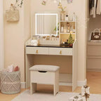 COZONY Coiffeuse avec Miroir LED et Station de Charge, Petite Coiffeuse de Maquillage avec 2 Tiroirs, Tabouret de Rangement