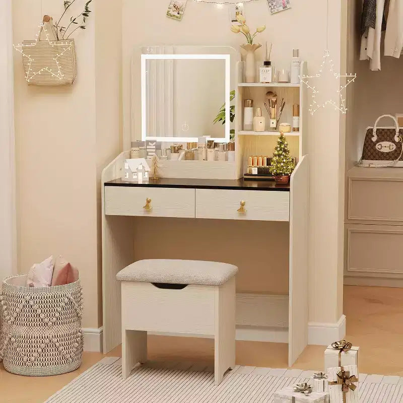 COZONY Coiffeuse avec Miroir LED et Station de Charge, Petite Coiffeuse de Maquillage avec 2 Tiroirs, Tabouret de Rangement
