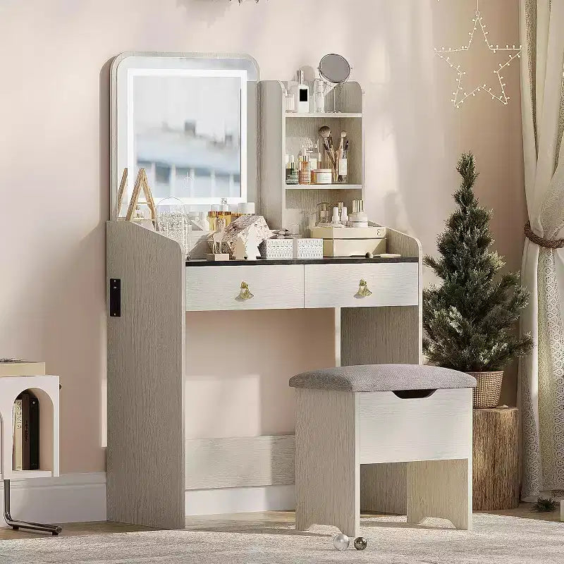 COZONY Coiffeuse avec Miroir LED et Station de Charge, Petite Coiffeuse de Maquillage avec 2 Tiroirs, Tabouret de Rangement
